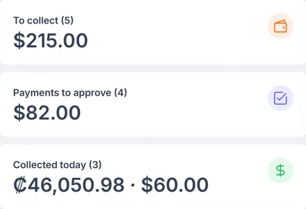 GoLogix billing summary: amounts due, payments to verify and collected today in colones and dollars