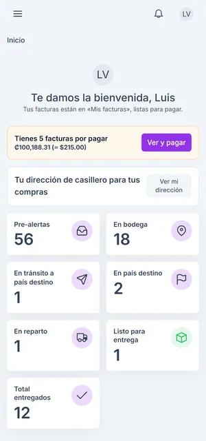 Inicio del cliente en el celular con el color de marca morado
