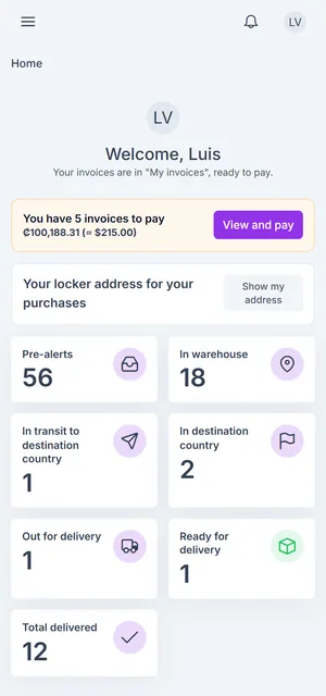 Customer home screen on a phone in the purple brand color