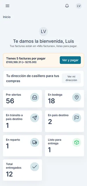 Inicio del cliente en el celular con facturas por pagar y paquetes por estado