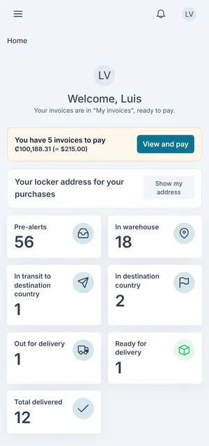 Customer home screen on a phone with invoices due and packages by status