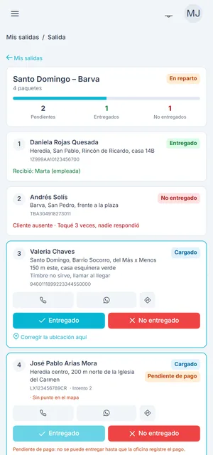 App del repartidor en el celular con la ruta del día y sus paradas